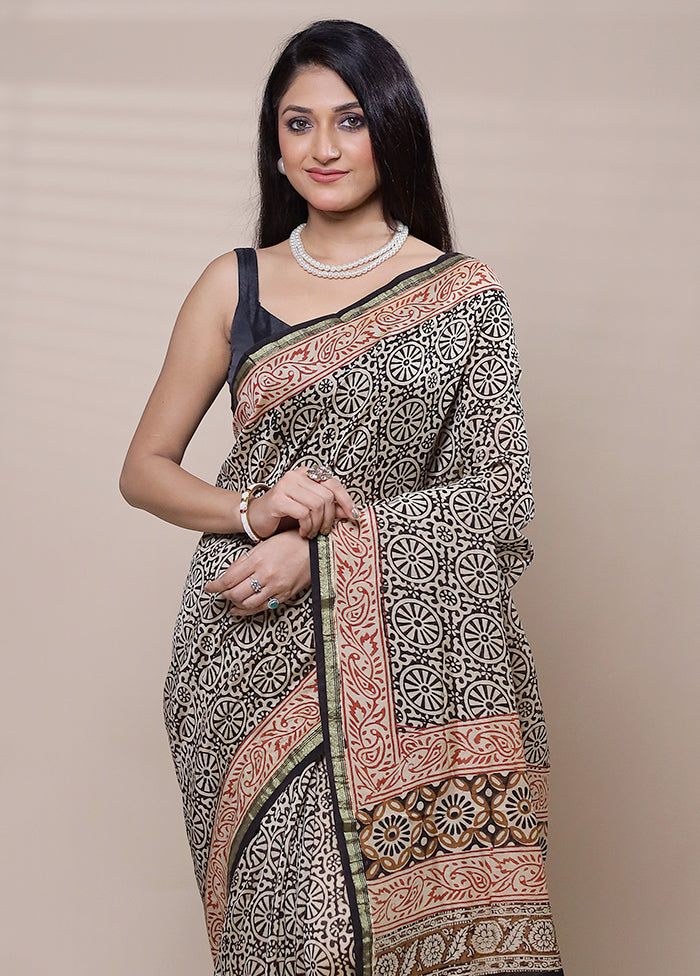 Cream Chanderi Cotton Saree With Blouse Piece