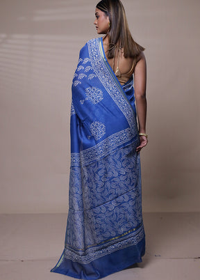 Blue Chanderi Cotton Saree With Blouse Piece