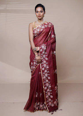 Maroon Organza Saree With Blouse Piece