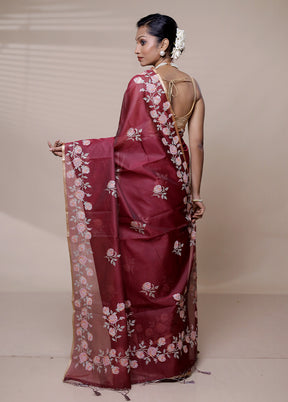 Maroon Organza Saree With Blouse Piece