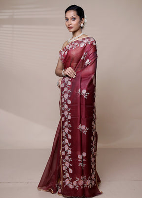 Maroon Organza Saree With Blouse Piece