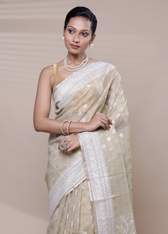 Cream Organza Saree With Blouse Piece