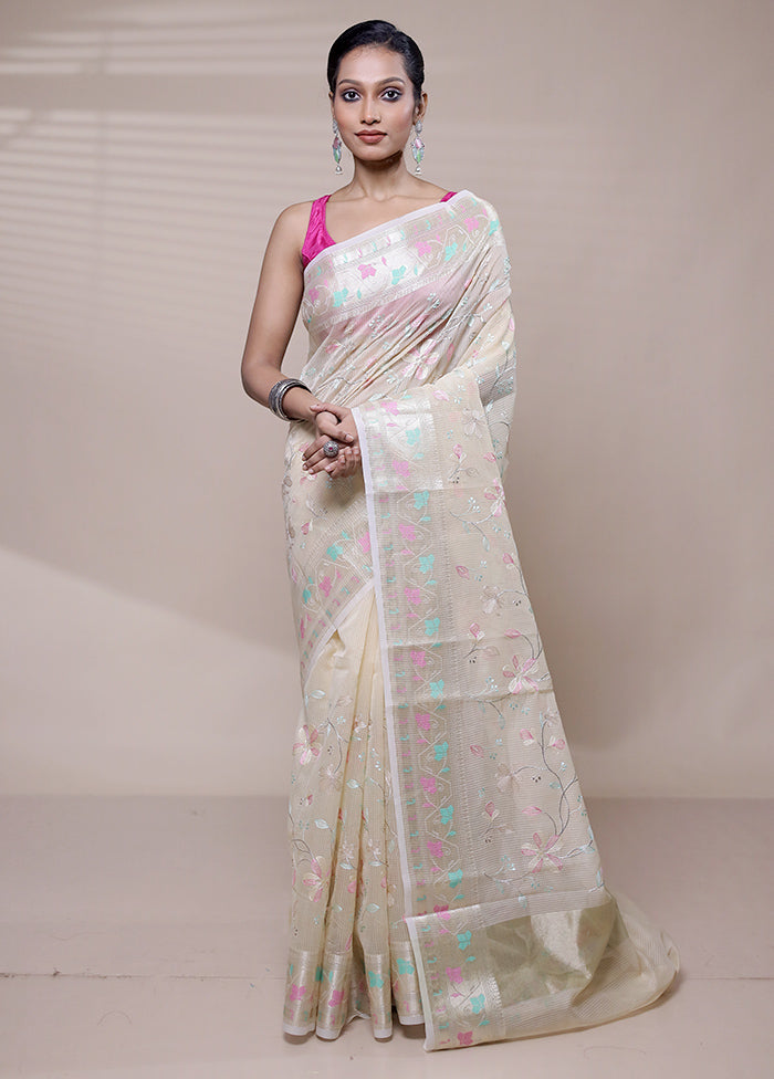 Cream Organza Saree With Blouse Piece