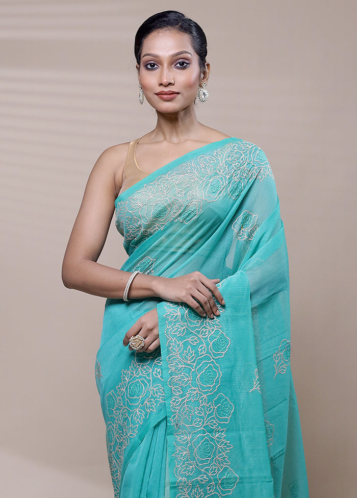 Blue Organza Saree With Blouse Piece