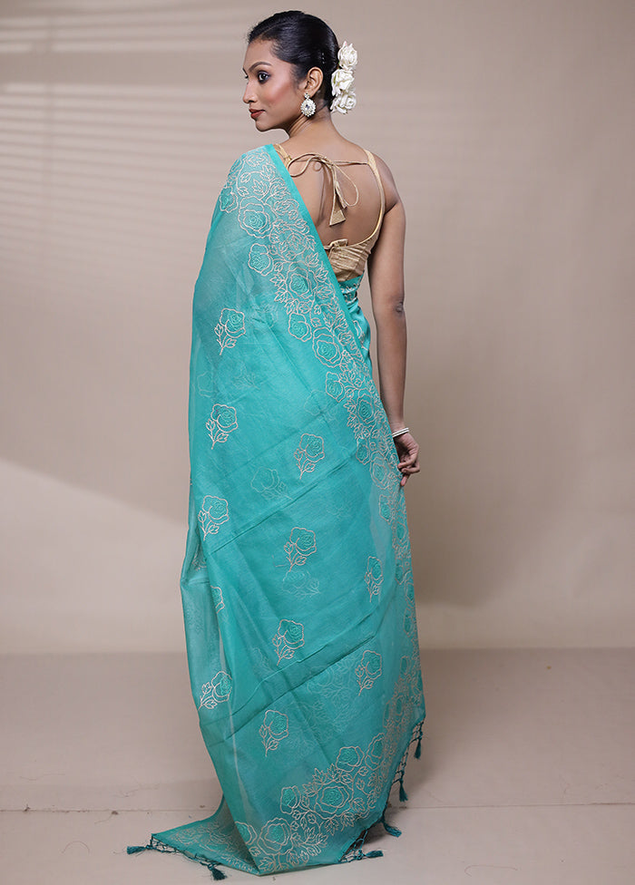 Blue Organza Saree With Blouse Piece