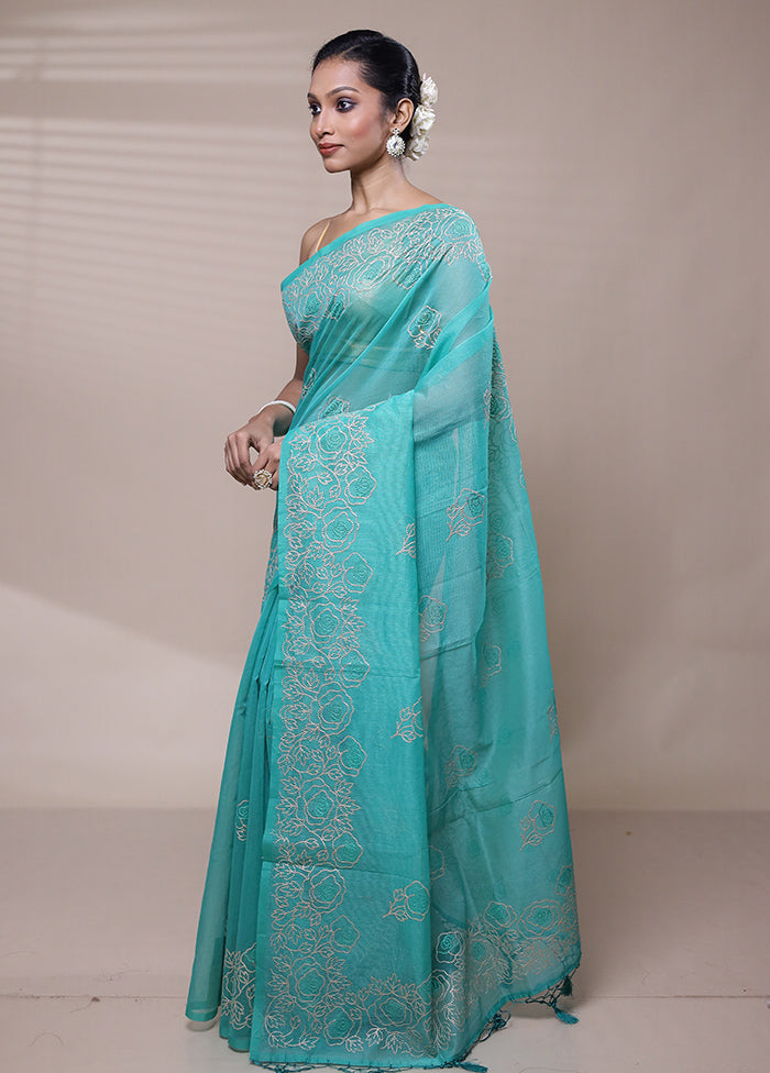 Blue Organza Saree With Blouse Piece