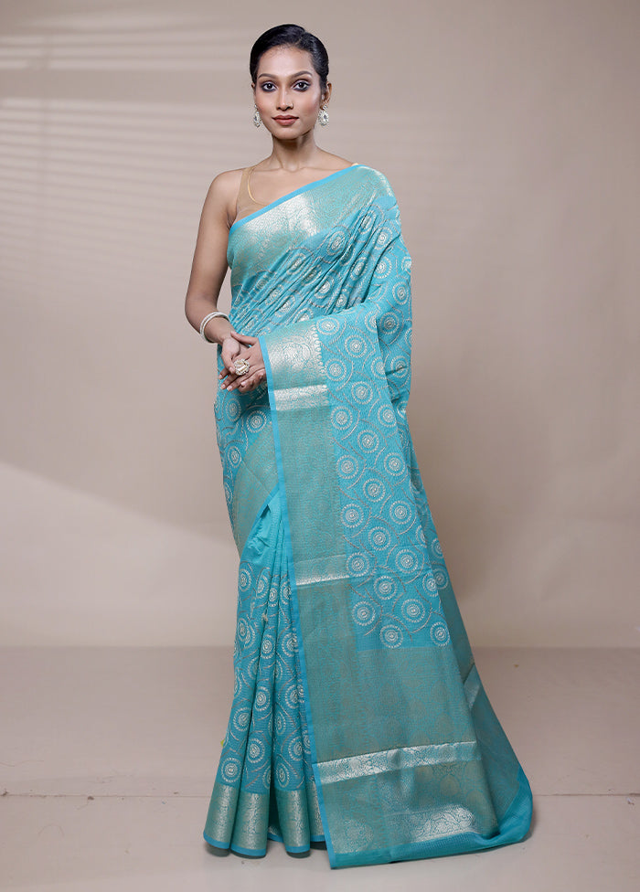 Blue Organza Saree With Blouse Piece