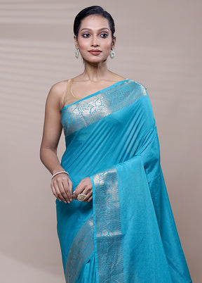 Blue Dupion Silk Saree With Blouse Piece