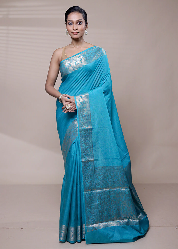 Blue Dupion Silk Saree With Blouse Piece