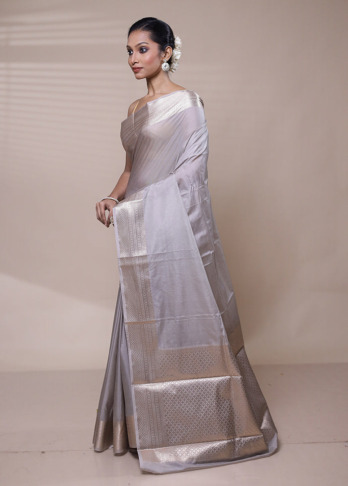 Grey Dupion Silk Saree With Blouse Piece