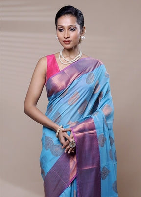 Blue Kora Silk Saree With Blouse Piece