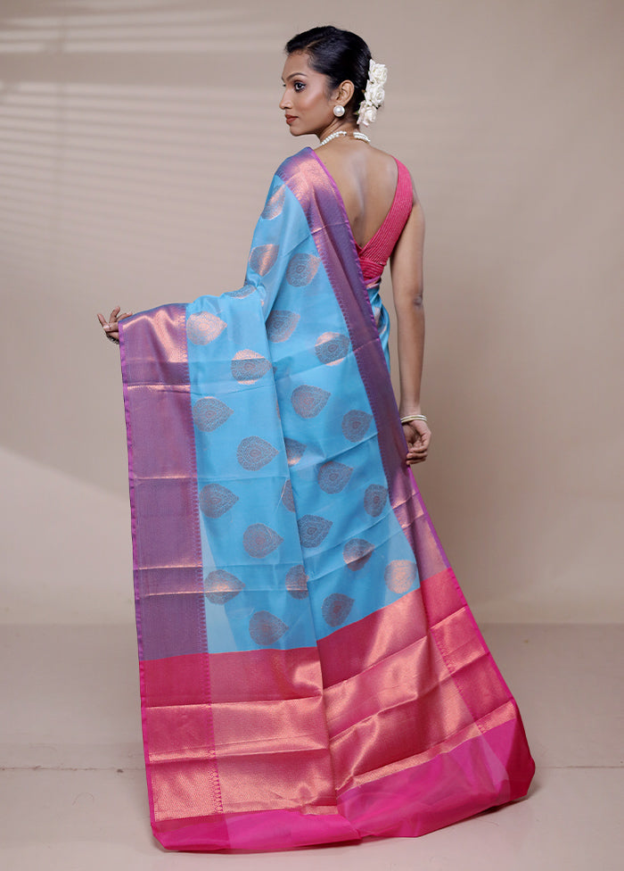 Blue Kora Silk Saree With Blouse Piece