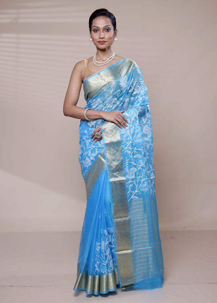 Blue Organza Saree With Blouse Piece