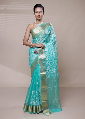 Blue Organza Saree With Blouse Piece