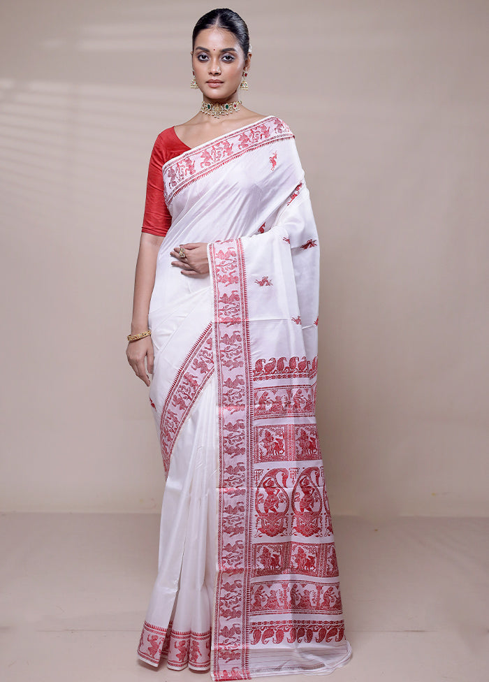 White Handloom Baluchari Pure Silk Saree With Blouse Piece