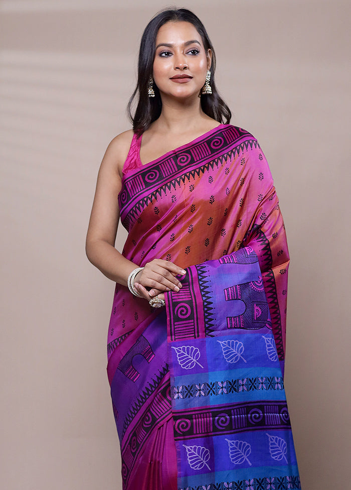 Pink Printed Pure Silk Saree Without Blouse Piece