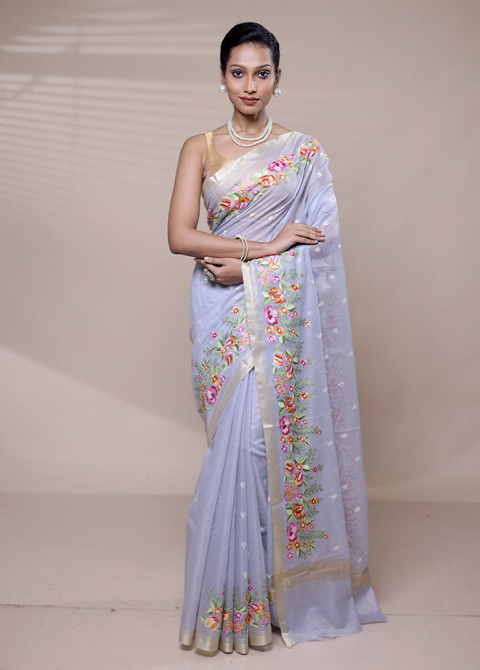 Grey Kota Cotton Saree With Blouse Piece