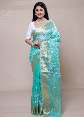 Blue Organza Saree With Blouse Piece