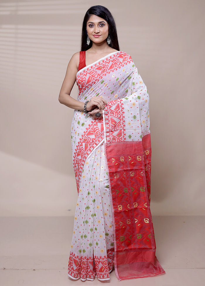 White Tant Jamdani Saree Without Blouse Piece