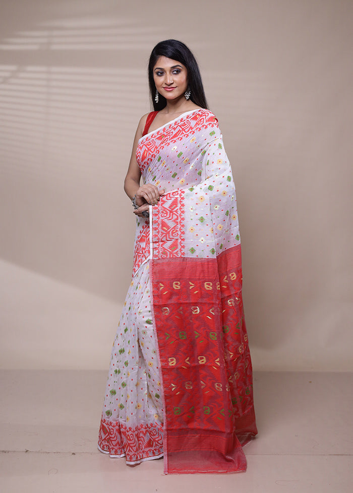 White Tant Jamdani Saree Without Blouse Piece