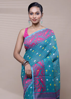 Blue Tant Jamdani Saree Without Blouse Piece