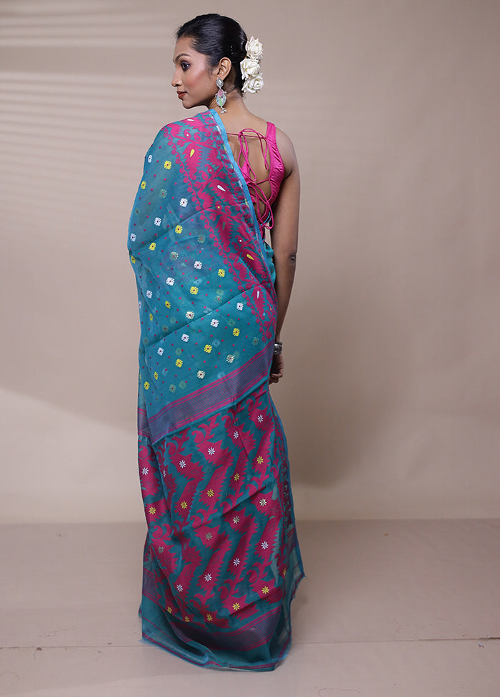 Blue Tant Jamdani Saree Without Blouse Piece