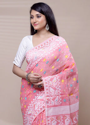 Pink Tant Jamdani Saree Without Blouse Piece