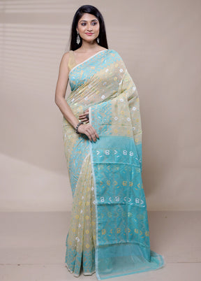 Blue Tant Jamdani Saree Without Blouse Piece