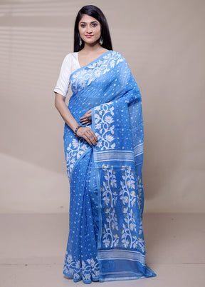 Blue Tant Jamdani Saree Without Blouse Piece