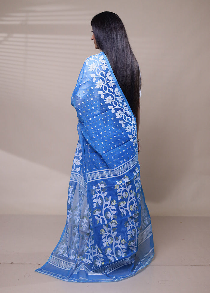 Blue Tant Jamdani Saree Without Blouse Piece