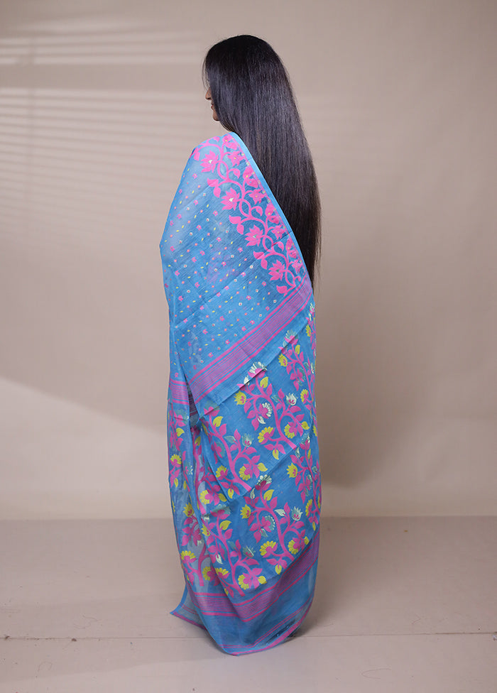 Blue Tant Jamdani Saree Without Blouse Piece