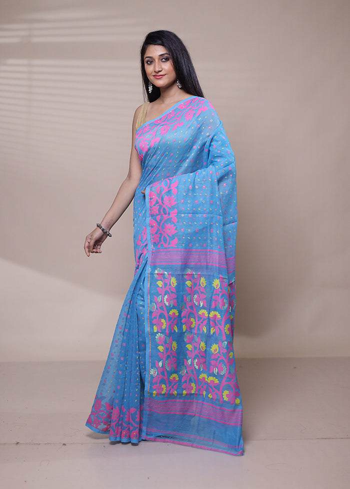 Blue Tant Jamdani Saree Without Blouse Piece