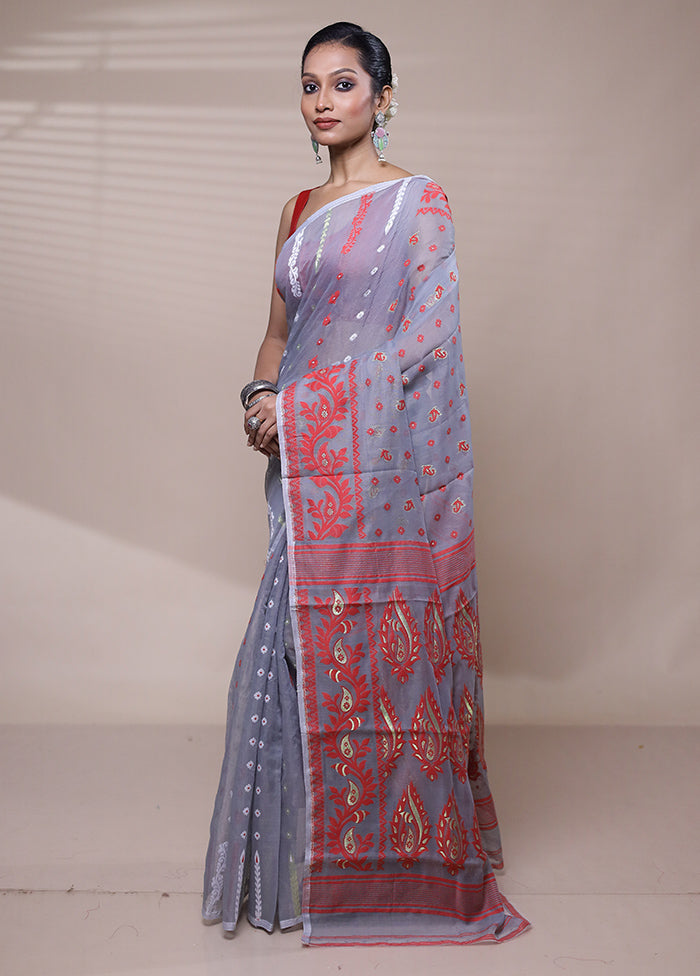 Grey Tant Jamdani Saree Without Blouse Piece