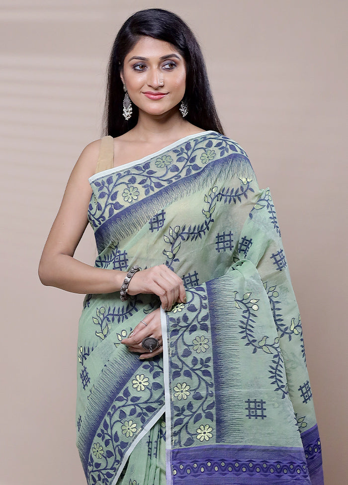 Green Tant Jamdani Saree Without Blouse Piece