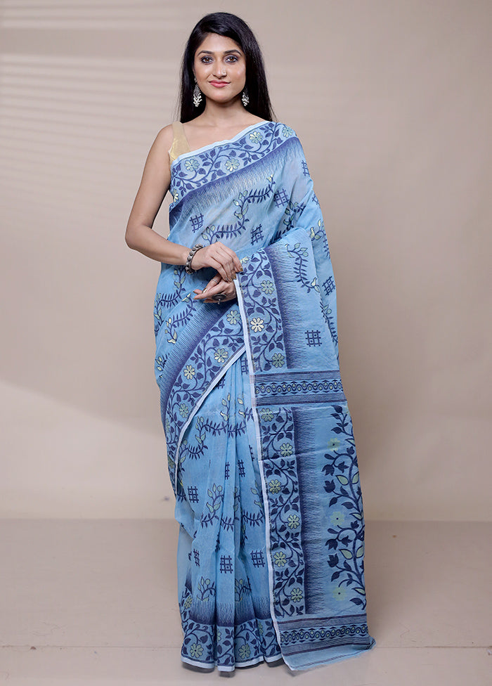 Blue Tant Jamdani Saree Without Blouse Piece