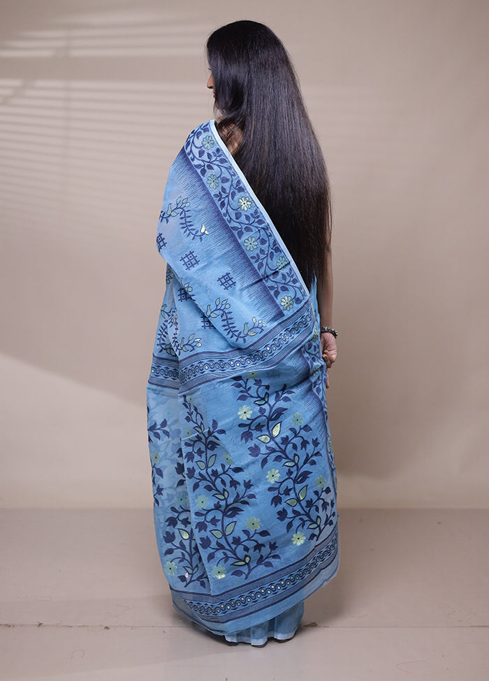 Blue Tant Jamdani Saree Without Blouse Piece