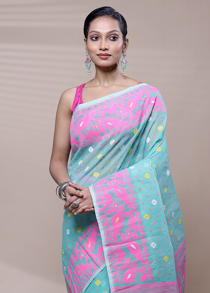 Blue Tant Jamdani Saree Without Blouse Piece