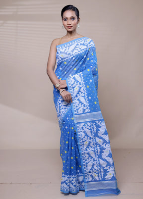 Blue Tant Jamdani Saree Without Blouse Piece