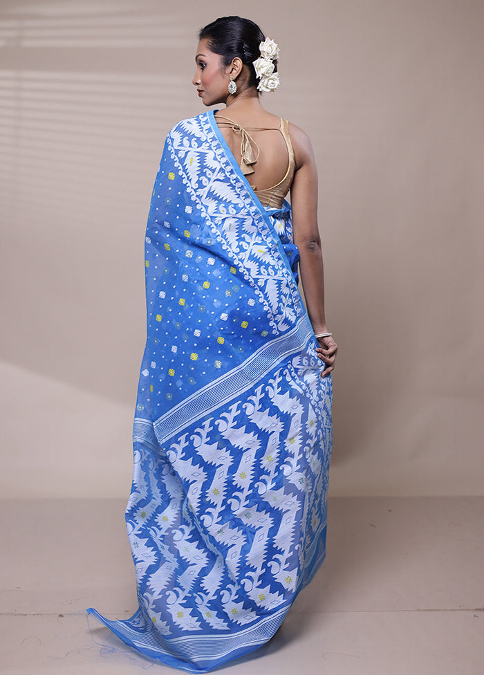 Blue Tant Jamdani Saree Without Blouse Piece