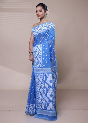 Blue Tant Jamdani Saree Without Blouse Piece