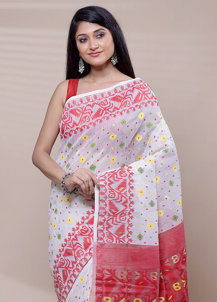 White Tant Jamdani Saree Without Blouse Piece