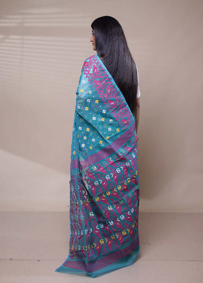 Blue Tant Jamdani Saree Without Blouse Piece