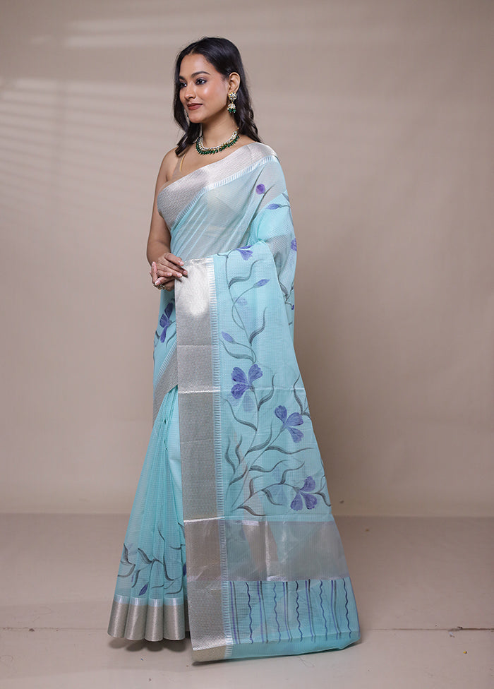 Blue Cotton Saree With Blouse Piece