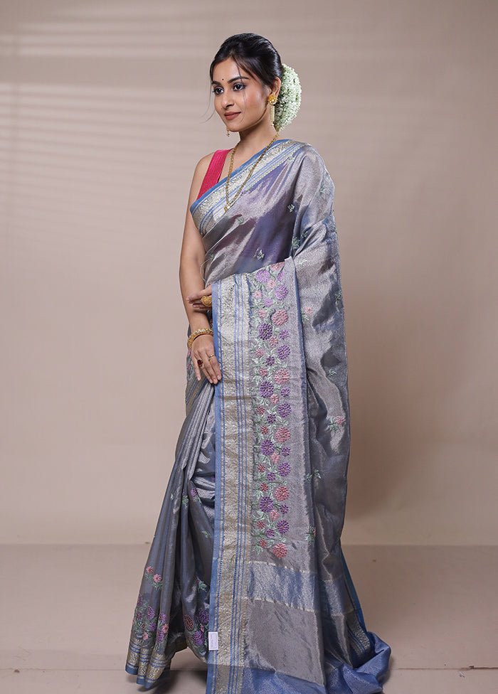 Blue Tissue Silk Saree With Blouse Piece