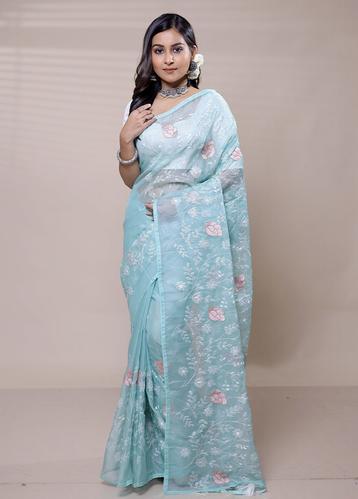 Blue Organza Saree With Blouse Piece