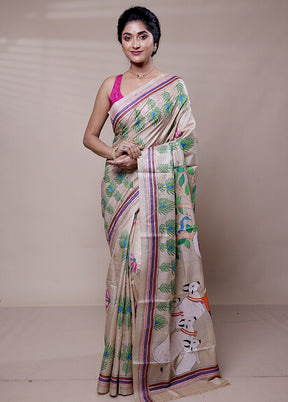 Cream Handloom Kantha Stitch Pure Silk Saree With Blouse Piece