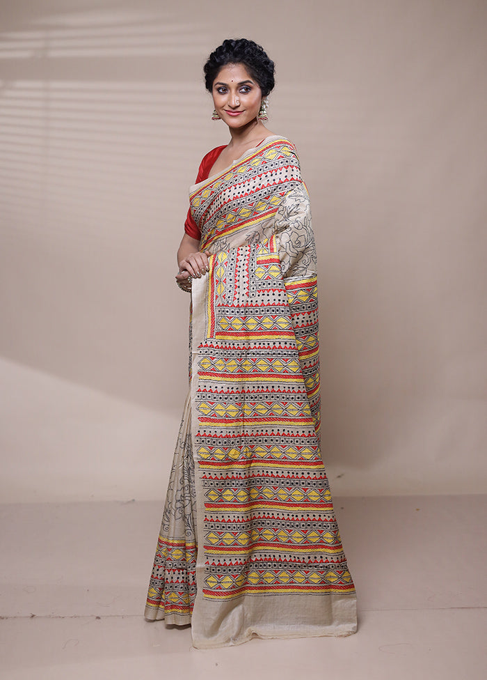 Cream Handloom Kantha Stitch Pure Silk Saree With Blouse Piece