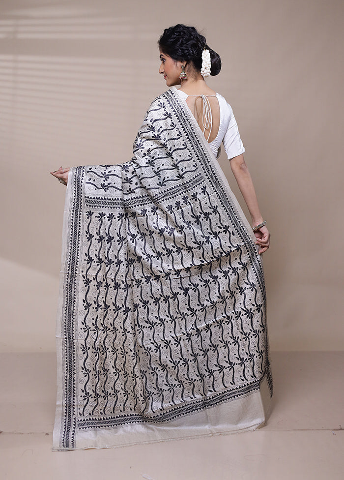 Cream Handloom Kantha Stitch Pure Silk Saree With Blouse Piece