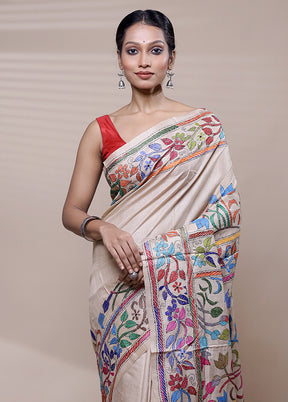 Cream Handloom Kantha Stitch Pure Silk Saree With Blouse Piece