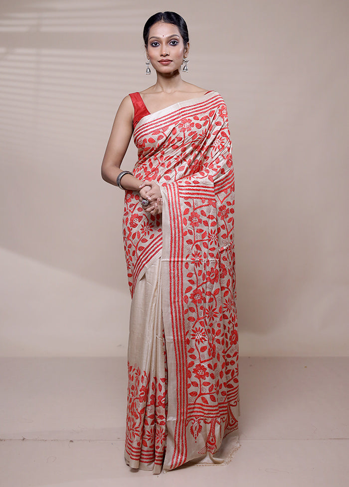 Cream Handloom Kantha Stitch Pure Silk Saree With Blouse Piece